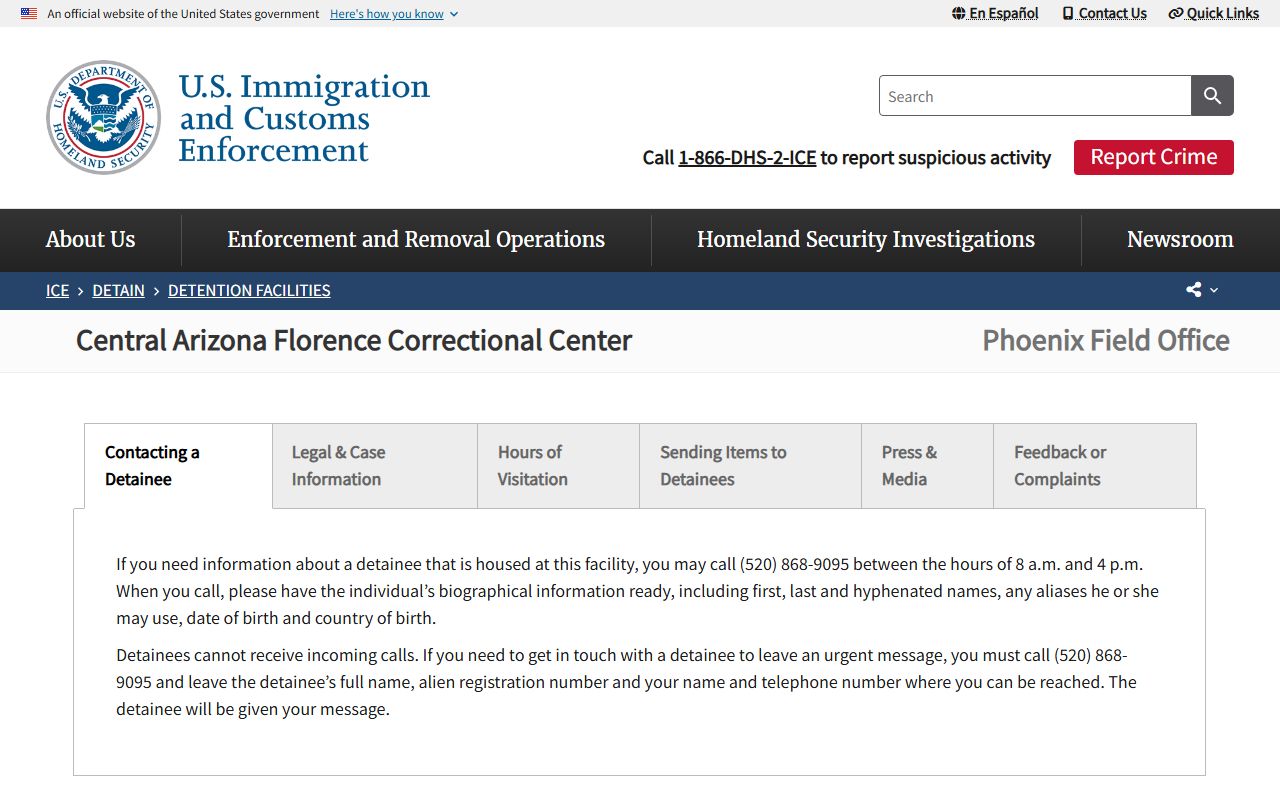Central Arizona Florence Correctional Center ICE custody information page