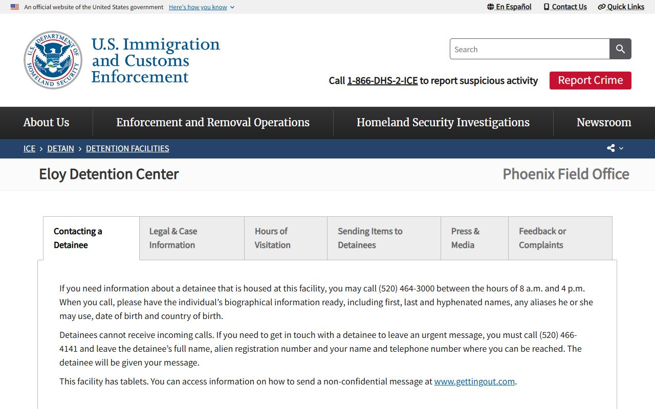 Eloy Detention Center ICE detainee information page
