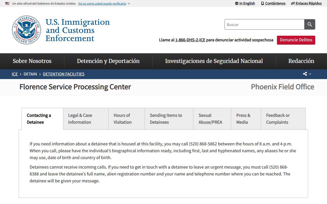 Florence Service Processing Center ICE detainee information page