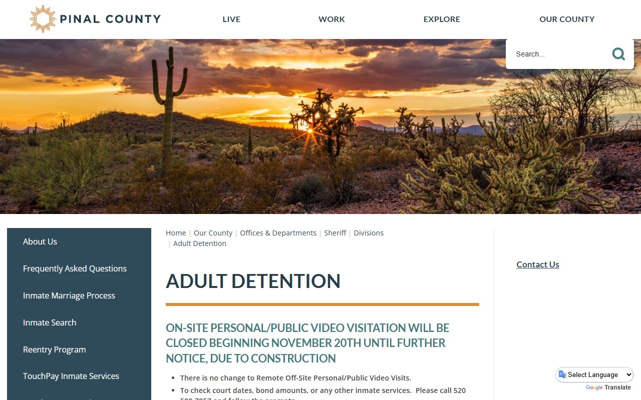 Pinal County Adult Detention Center inmate services page